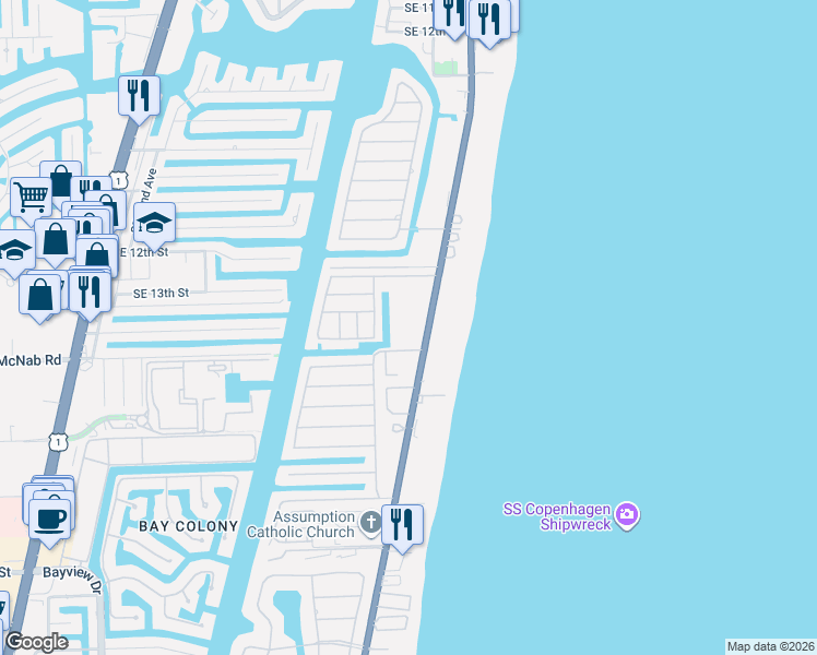 map of restaurants, bars, coffee shops, grocery stores, and more near 201 Southeast 15th Street in Pompano Beach