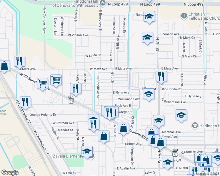 map of restaurants, bars, coffee shops, grocery stores, and more near 110 West Flynn Avenue in Harlingen