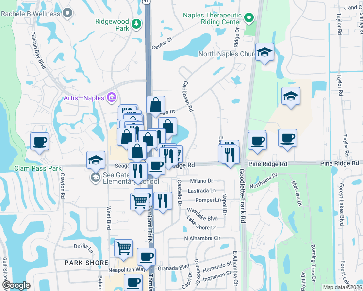map of restaurants, bars, coffee shops, grocery stores, and more near 17 Caribbean Road in Naples