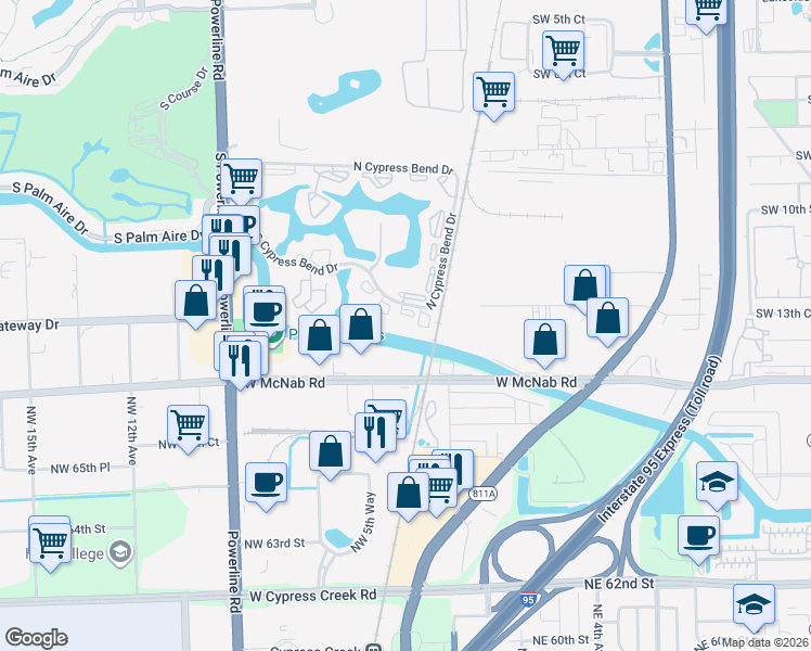 map of restaurants, bars, coffee shops, grocery stores, and more near 2202 South Cypress Bend Drive in Pompano Beach