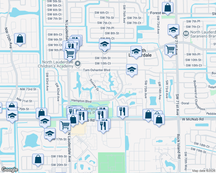 map of restaurants, bars, coffee shops, grocery stores, and more near 1169 Sussex Drive in North Lauderdale