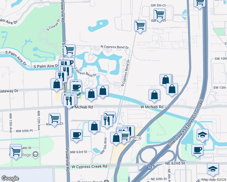 map of restaurants, bars, coffee shops, grocery stores, and more near 2202 South Cypress Bend Drive in Pompano Beach