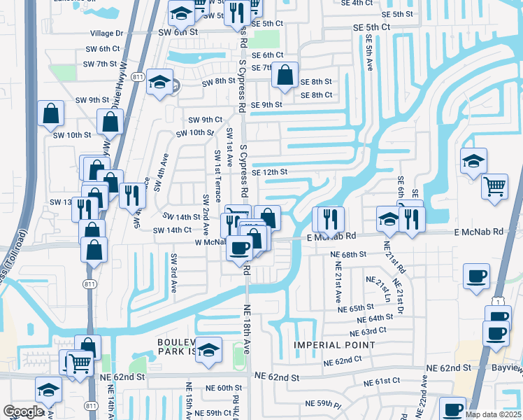 map of restaurants, bars, coffee shops, grocery stores, and more near 21 Southeast 14th Street in Pompano Beach