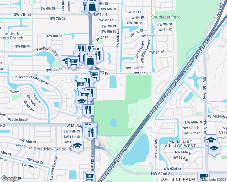 map of restaurants, bars, coffee shops, grocery stores, and more near 1200 Southwest 52nd Avenue in North Lauderdale