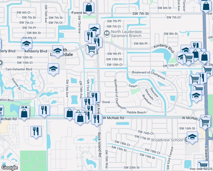 map of restaurants, bars, coffee shops, grocery stores, and more near 6810 Oakmont in North Lauderdale