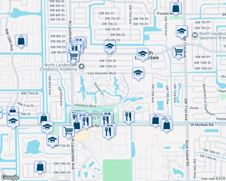 map of restaurants, bars, coffee shops, grocery stores, and more near 1169 Sussex Drive in North Lauderdale
