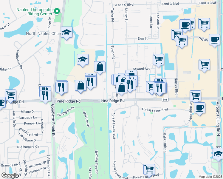 map of restaurants, bars, coffee shops, grocery stores, and more near 5330 Jaeger Road in Naples