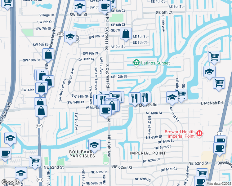map of restaurants, bars, coffee shops, grocery stores, and more near 21 Southeast 14th Street in Pompano Beach