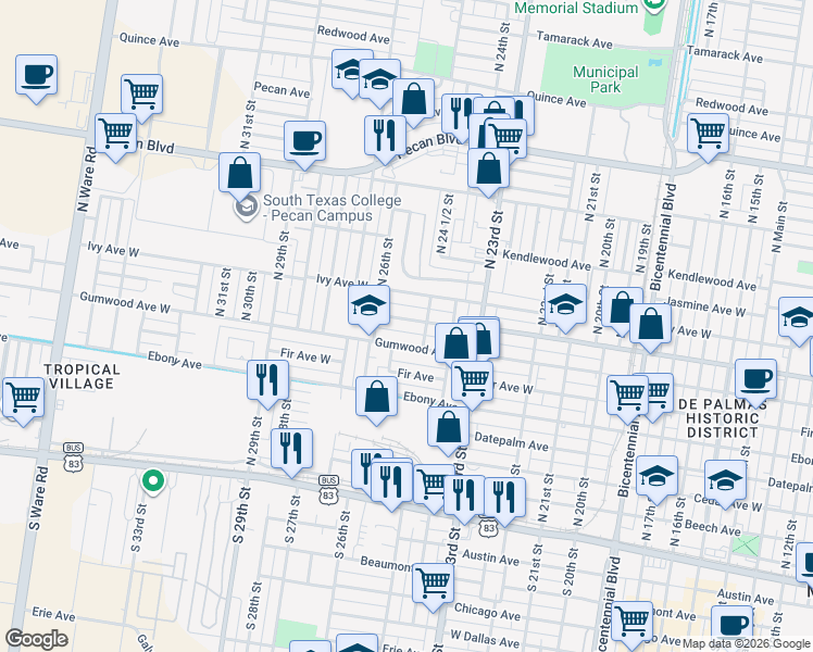 map of restaurants, bars, coffee shops, grocery stores, and more near 2508 Gumwood Avenue in McAllen