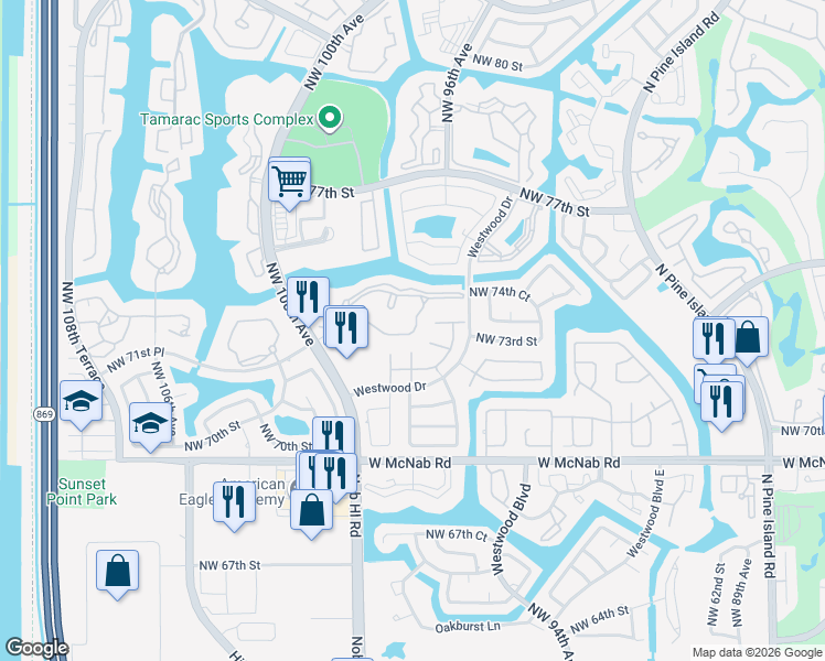 map of restaurants, bars, coffee shops, grocery stores, and more near 9624 South Belfort Circle in Tamarac