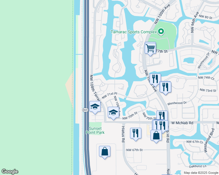 map of restaurants, bars, coffee shops, grocery stores, and more near 10621 West Clairmont Circle in Tamarac