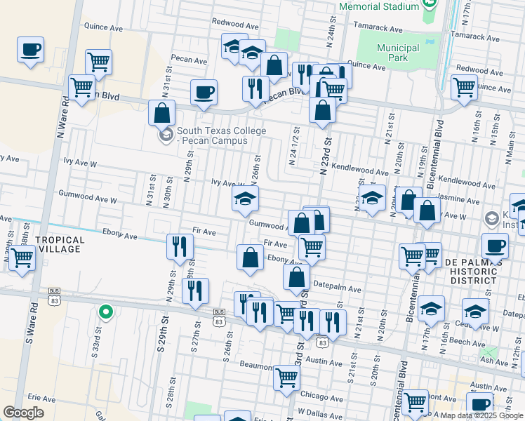map of restaurants, bars, coffee shops, grocery stores, and more near 2508 Gumwood Avenue in McAllen