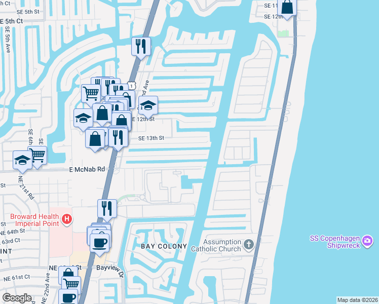 map of restaurants, bars, coffee shops, grocery stores, and more near 2706 Southeast 14th Street in Pompano Beach