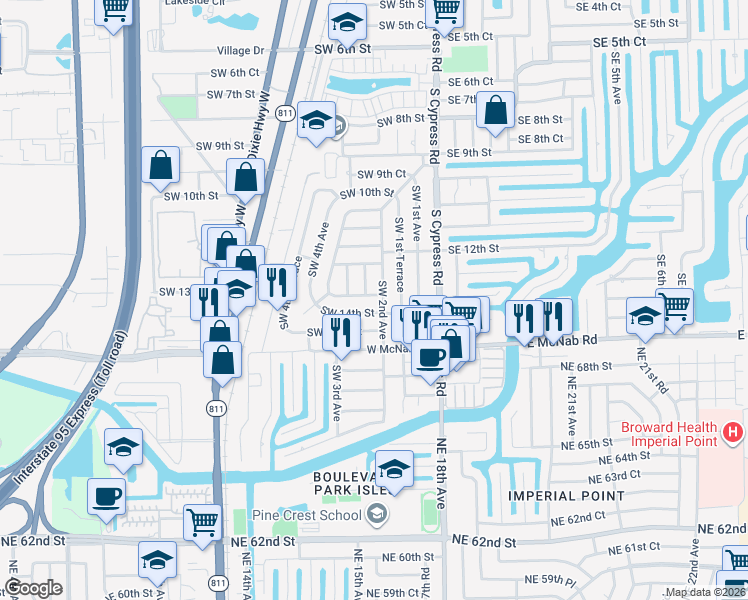 map of restaurants, bars, coffee shops, grocery stores, and more near 181 Southwest 14th Street in Pompano Beach