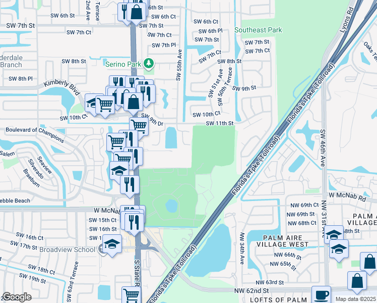 map of restaurants, bars, coffee shops, grocery stores, and more near Southwest 13th Street in North Lauderdale