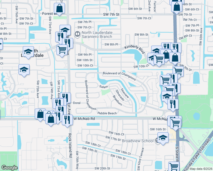 map of restaurants, bars, coffee shops, grocery stores, and more near 1205 Silverado in North Lauderdale