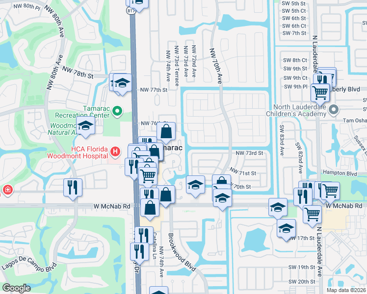 map of restaurants, bars, coffee shops, grocery stores, and more near 7206 Primrose Lane in Tamarac