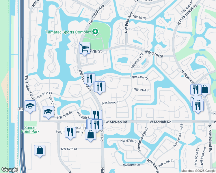 map of restaurants, bars, coffee shops, grocery stores, and more near 9624 South Belfort Circle in Tamarac
