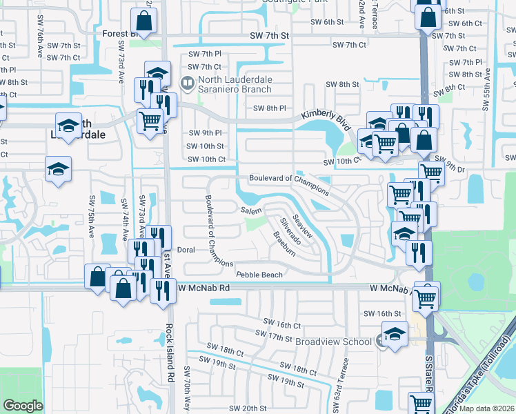 map of restaurants, bars, coffee shops, grocery stores, and more near 1205 Silverado in North Lauderdale