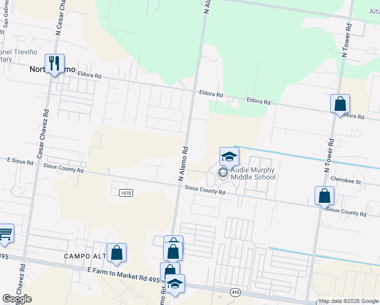 map of restaurants, bars, coffee shops, grocery stores, and more near 1232 North Alamo Road in Alamo
