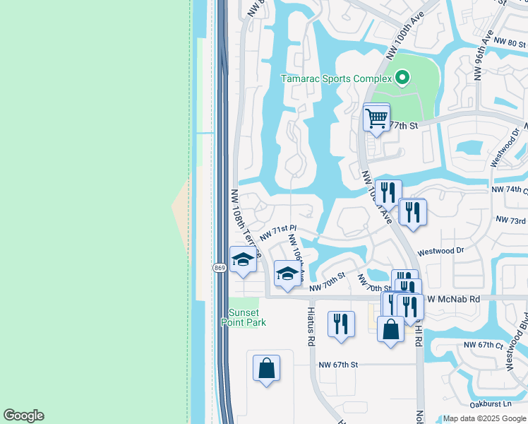 map of restaurants, bars, coffee shops, grocery stores, and more near 10803 West Clairmont Circle in Tamarac