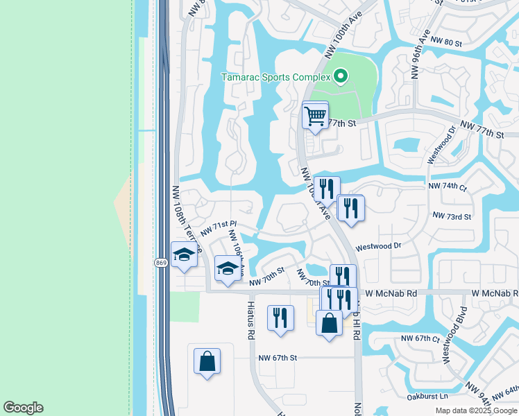 map of restaurants, bars, coffee shops, grocery stores, and more near 10324 East Clairmont Circle in Tamarac