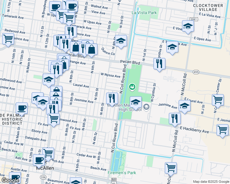 map of restaurants, bars, coffee shops, grocery stores, and more near 1109 North Col Rowe Boulevard in McAllen