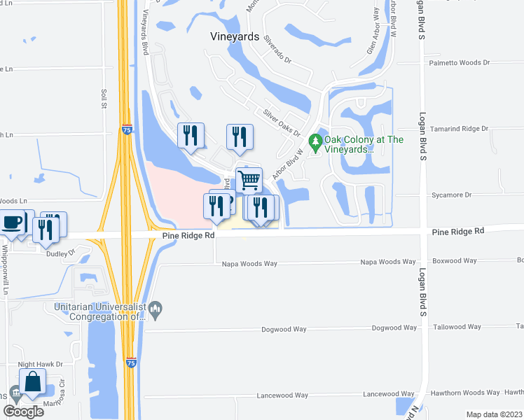 map of restaurants, bars, coffee shops, grocery stores, and more near 5975 Pine Ridge Road in Naples