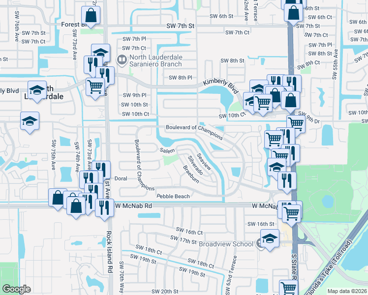 map of restaurants, bars, coffee shops, grocery stores, and more near 1205 Silverado in North Lauderdale