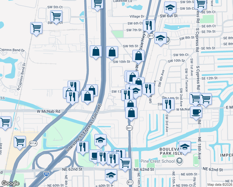 map of restaurants, bars, coffee shops, grocery stores, and more near 861 Southwest 14th Street in Pompano Beach