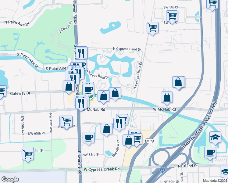 map of restaurants, bars, coffee shops, grocery stores, and more near 2208 South Cypress Bend Drive in Pompano Beach
