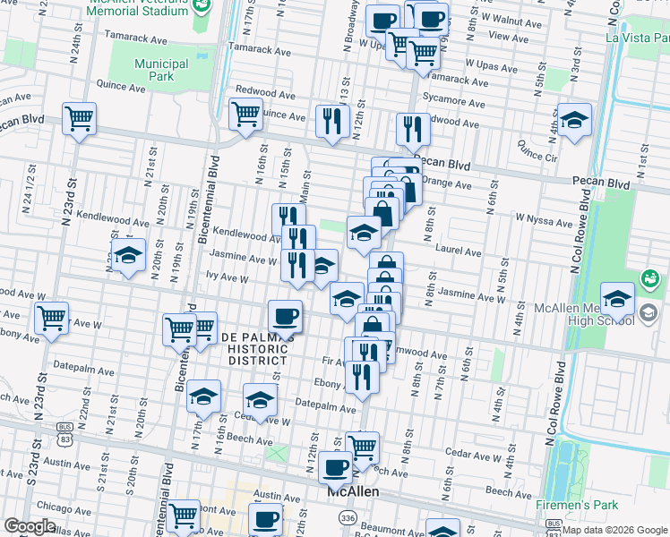 map of restaurants, bars, coffee shops, grocery stores, and more near 1203 Jasmine Avenue in McAllen