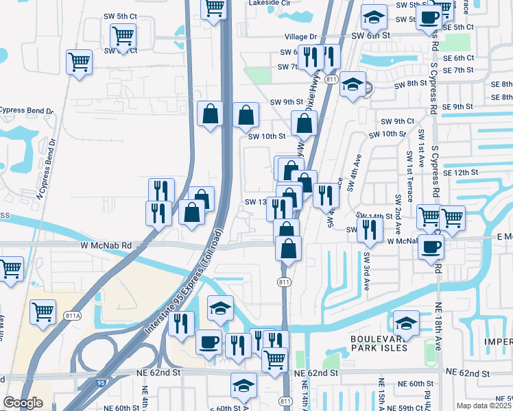 map of restaurants, bars, coffee shops, grocery stores, and more near 861 Southwest 14th Street in Pompano Beach