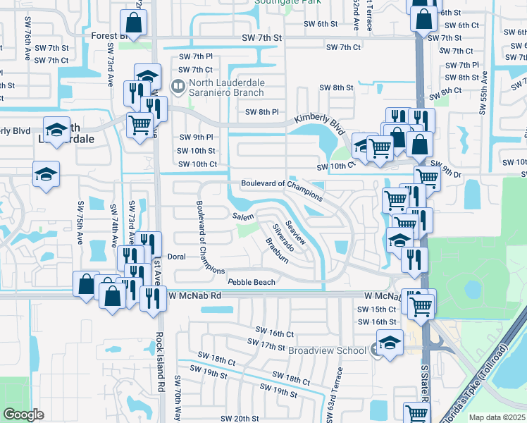 map of restaurants, bars, coffee shops, grocery stores, and more near 1205 Silverado in North Lauderdale