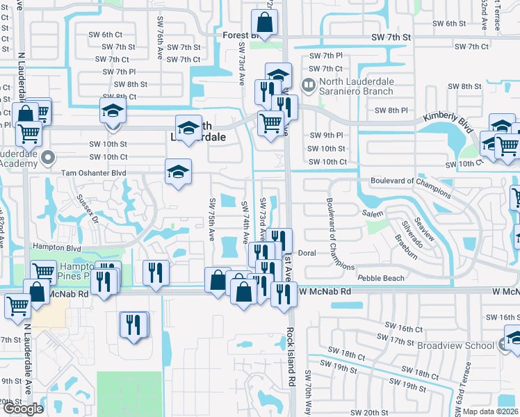 map of restaurants, bars, coffee shops, grocery stores, and more near 1250 Southwest 73rd Avenue in North Lauderdale