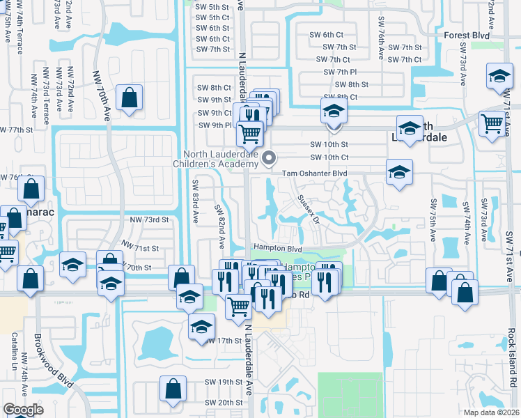 map of restaurants, bars, coffee shops, grocery stores, and more near 8010 Hampton Boulevard in North Lauderdale