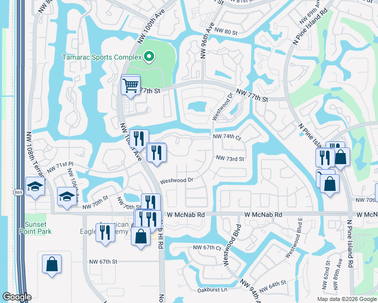 map of restaurants, bars, coffee shops, grocery stores, and more near 9745 Malvern Drive in Tamarac