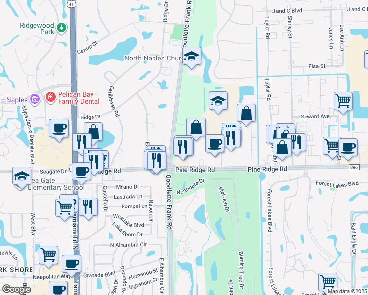 map of restaurants, bars, coffee shops, grocery stores, and more near Premier Way in Naples