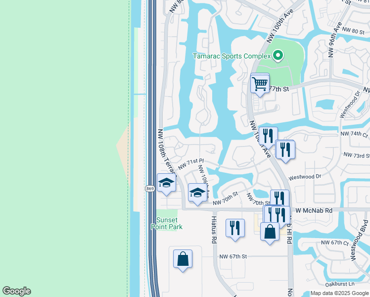 map of restaurants, bars, coffee shops, grocery stores, and more near 10621 West Clairmont Circle in Tamarac