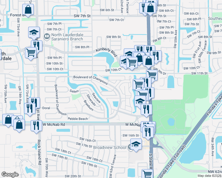 map of restaurants, bars, coffee shops, grocery stores, and more near 1103 East Jasmine Lane in North Lauderdale