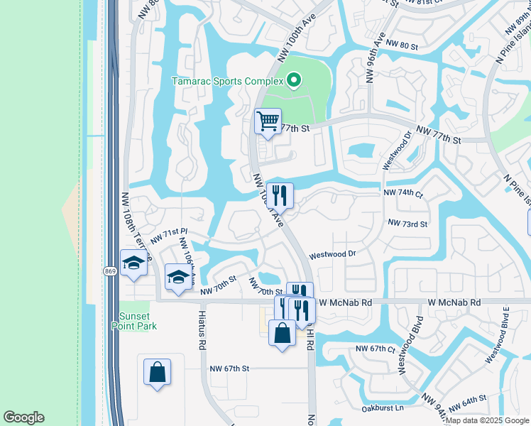 map of restaurants, bars, coffee shops, grocery stores, and more near 7214 Ashmont Circle in Tamarac