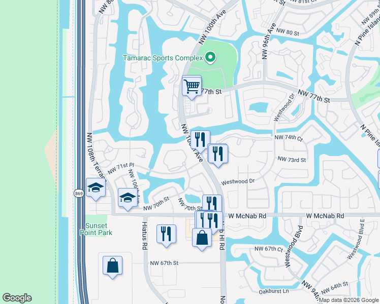 map of restaurants, bars, coffee shops, grocery stores, and more near 7124 Ashmont Circle in Tamarac