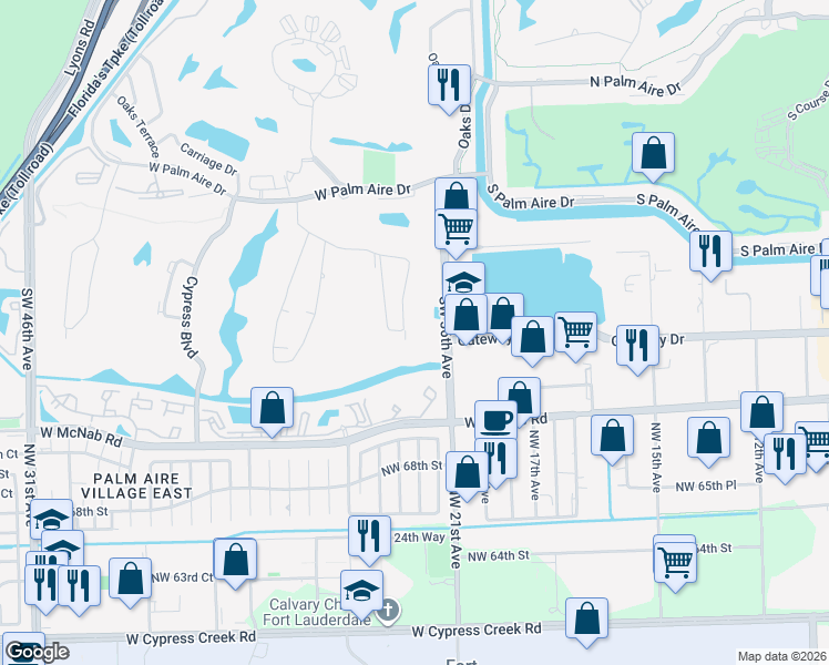 map of restaurants, bars, coffee shops, grocery stores, and more near 4002 South Cypress Lane in Pompano Beach