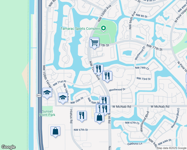 map of restaurants, bars, coffee shops, grocery stores, and more near 7164 Ashmont Circle in Tamarac