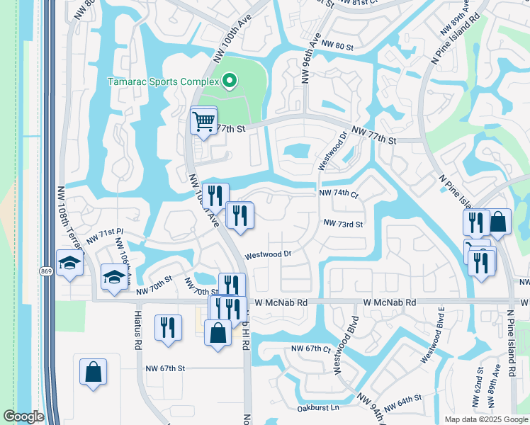 map of restaurants, bars, coffee shops, grocery stores, and more near 9728 South Belfort Circle in Tamarac