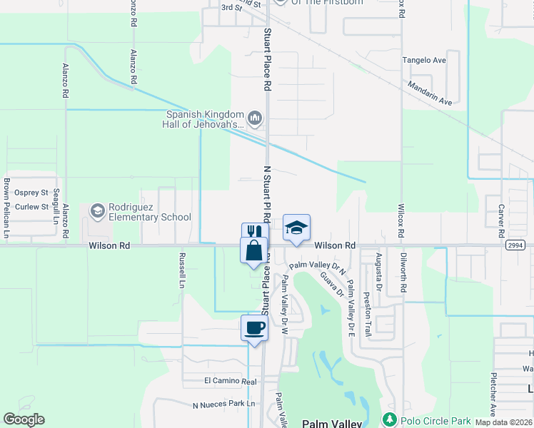 map of restaurants, bars, coffee shops, grocery stores, and more near 23921 Stuart Place Road in Harlingen
