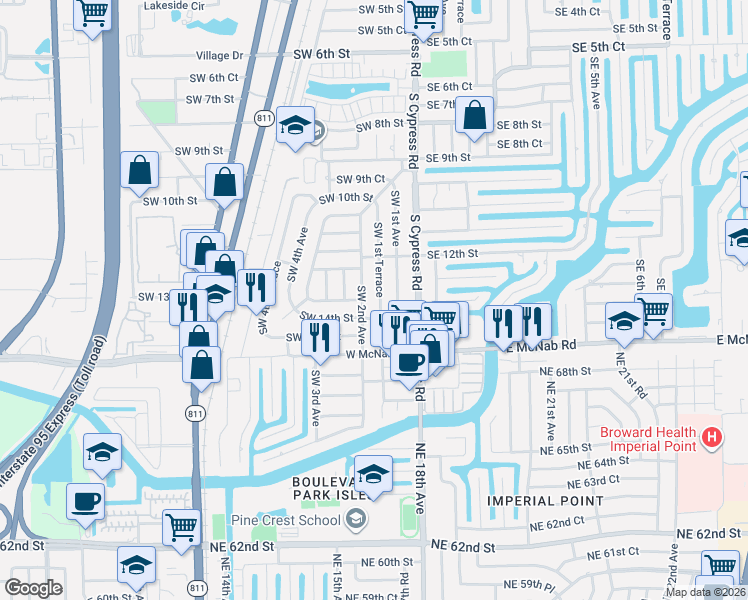 map of restaurants, bars, coffee shops, grocery stores, and more near 181 Southwest 14th Street in Pompano Beach