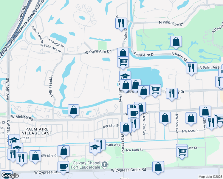 map of restaurants, bars, coffee shops, grocery stores, and more near 4002 South Cypress Lane in Pompano Beach