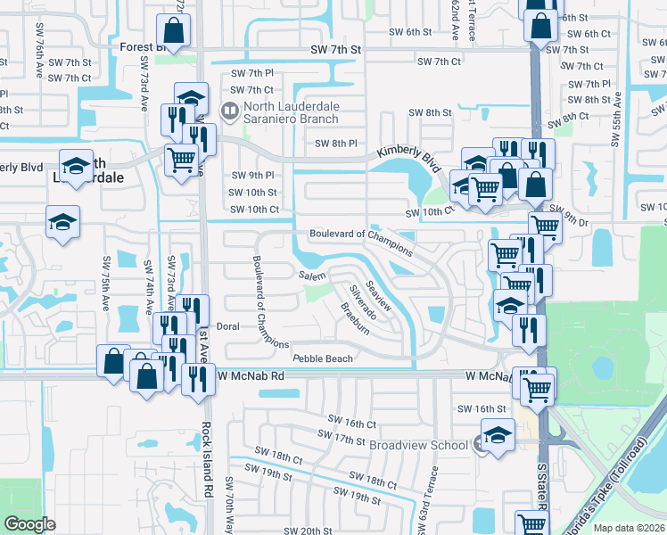 map of restaurants, bars, coffee shops, grocery stores, and more near 1205 Silverado in North Lauderdale