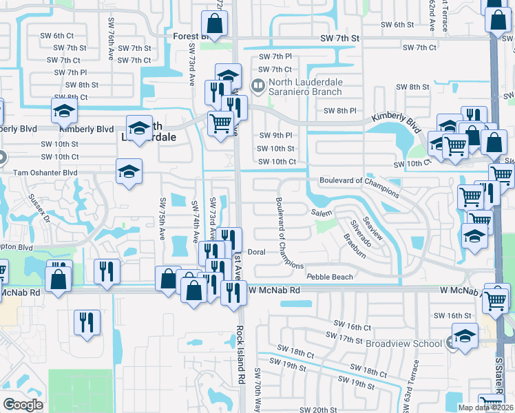 map of restaurants, bars, coffee shops, grocery stores, and more near 6810 Oakmont in North Lauderdale